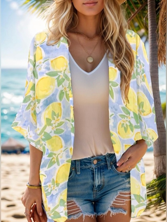 Moss Rose NWT Lemon Print Chiffon Kimono Beach Cover Up One Size Yellow - Picture 2 of 16